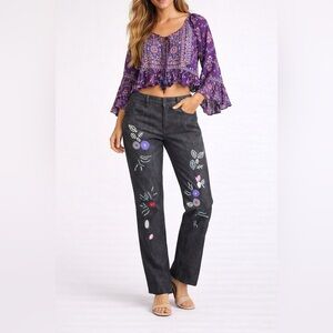 Single Brand Dark Gray Floral Embroidered Jeans